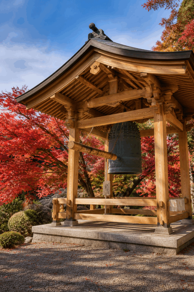 金蔵院の鐘楼と梵鐘、紅葉に囲まれた風景